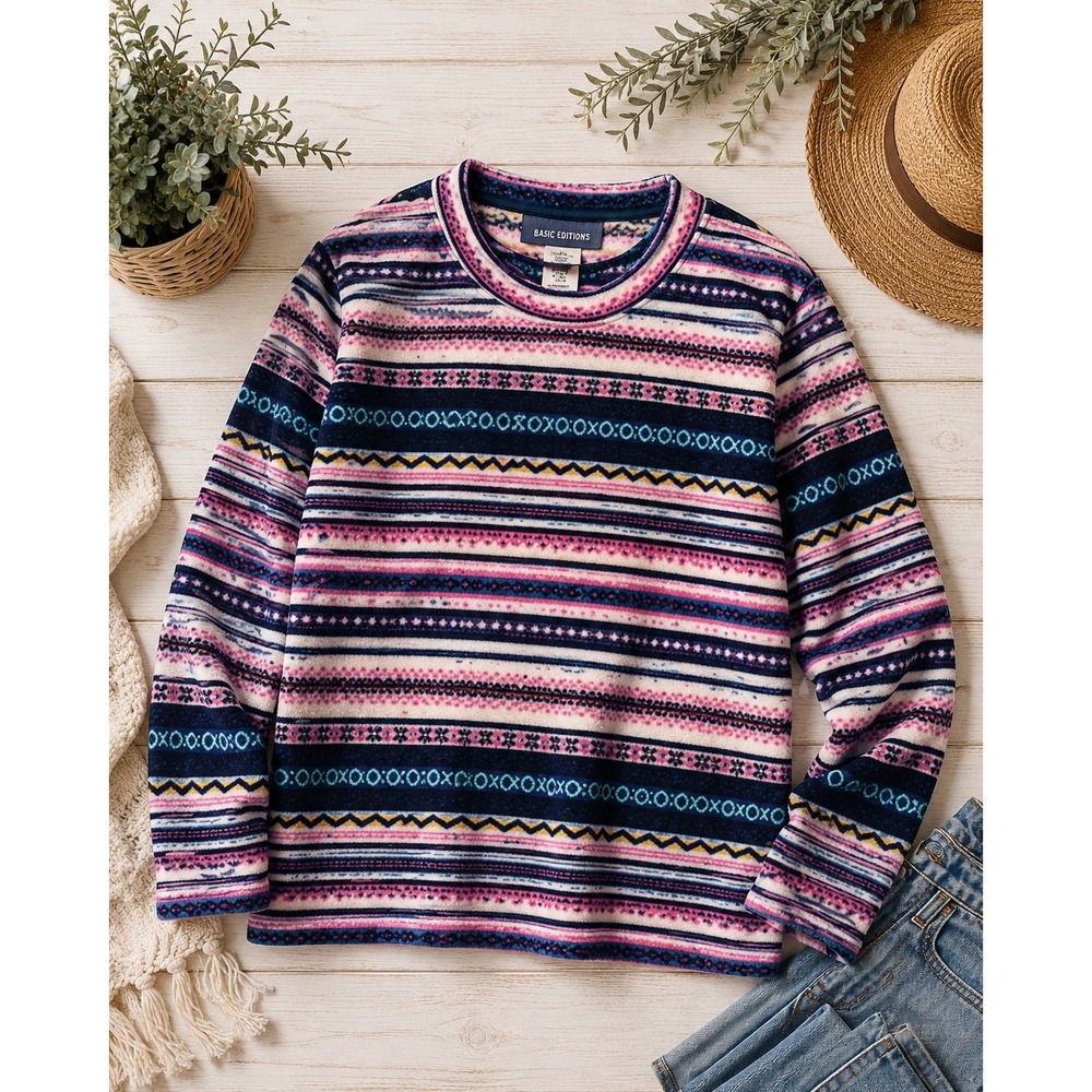 VTG Basic Editions Fair Isle Fleece Pullover Women's XL Soft Cozy Y2K Ski Top